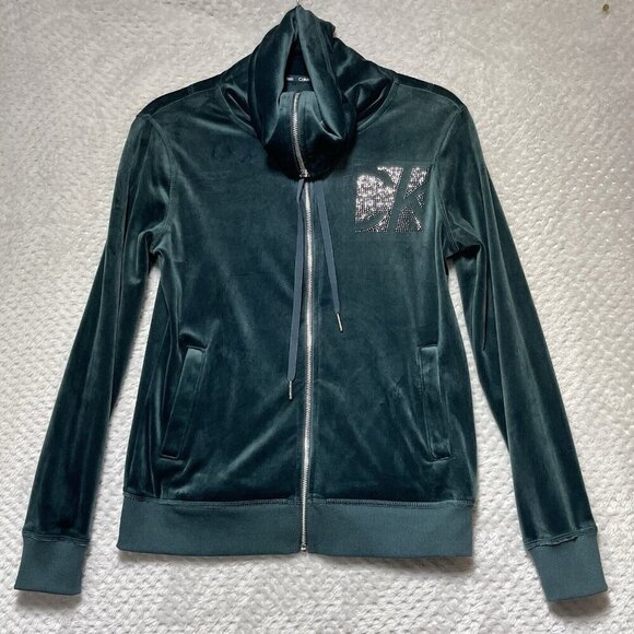 Calvin Klein Velour Zip Up Jacket Women's Size XS Green Embellished  Y2K - Picture 1 of 11